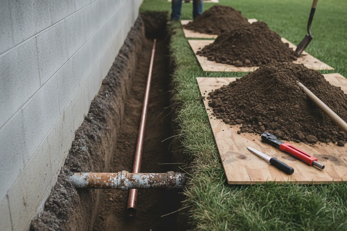 Excavated water line trench during Sewer Line Repair in Cranesville
